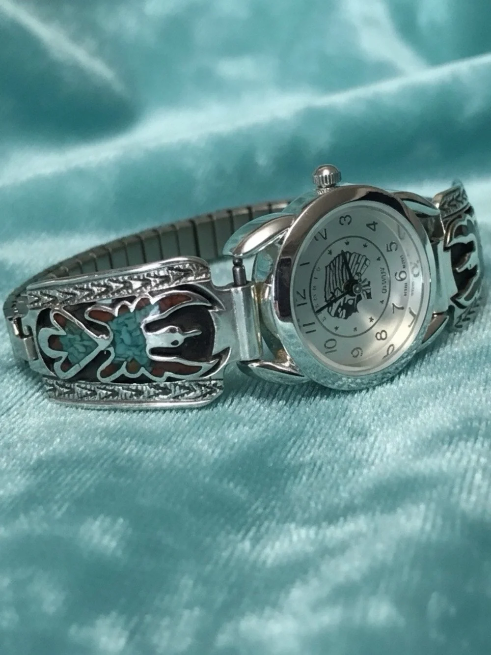 Silver Indian Head Watch Sterling Navajo Turquoise/Coral Thunderbird Band